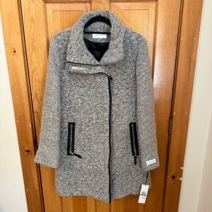 Calvin Klein Faux Leather Trim Bouclé Coat